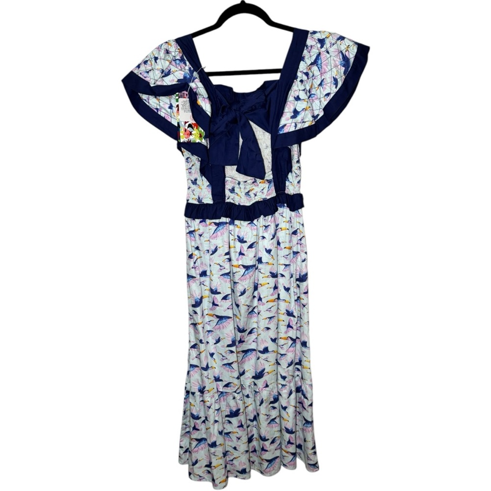 Briton Court Toucan Maxi Dress Flutter Sleeve Smocked Cotton NWT Small - Picture 3 of 7